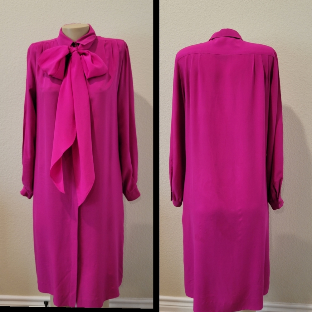 Halston III fushia neck scarf silk shirt dress 8 - Picture 3 of 11